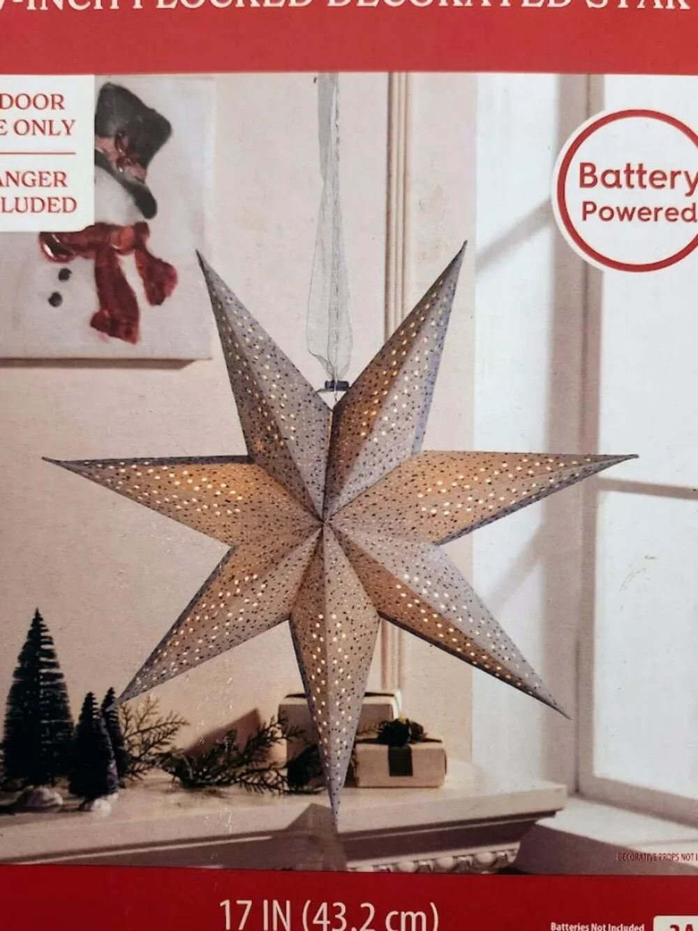 NEW Light Up Battery Operated Flocked Star Christmas Hanging Decoration Decor Ho